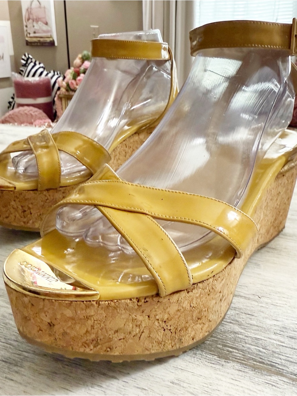 Jimmy Choo Mustard Patent Leather Cork Platform Wedges size 40